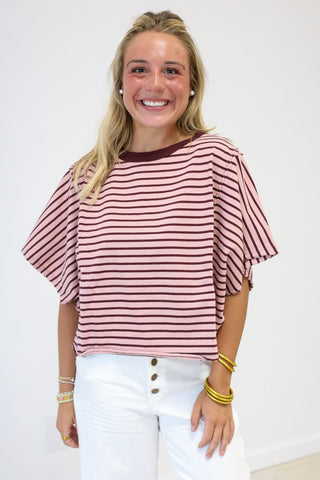 The Usual Suspect Striped Top in Wine/Pink