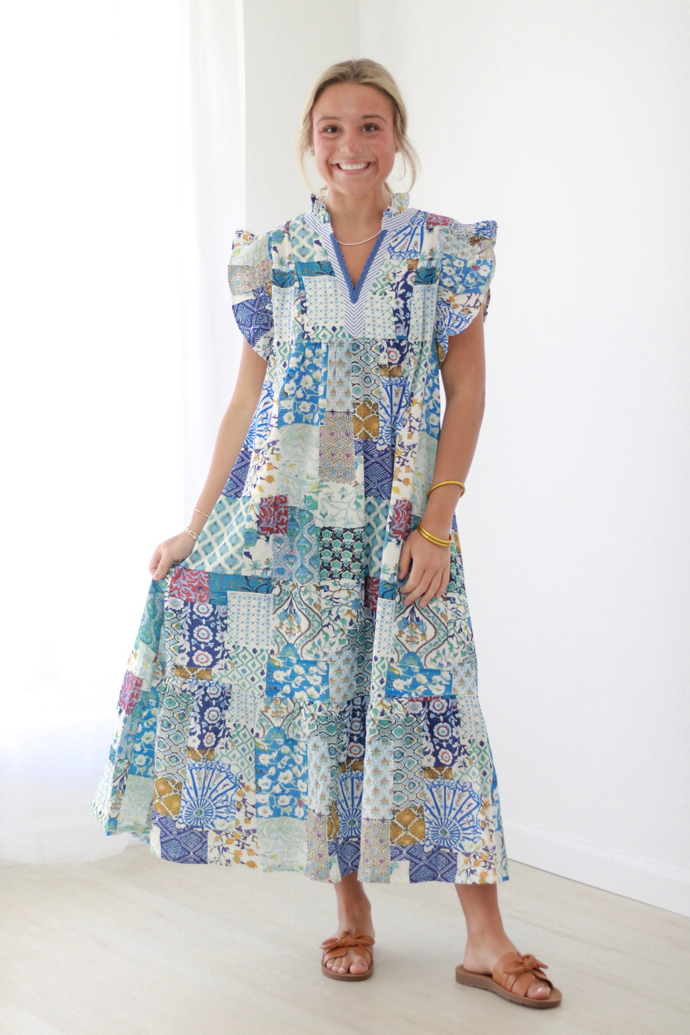 umgee midi dress Abstract Print with Pockets Rosa Apparel BROWN MIX / S 29 Medium Bust Marley Midi Dress Brown Mix