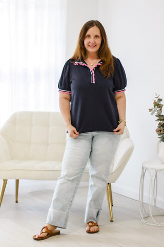 What A Feeling Puff Sleeve Blouse in Navy