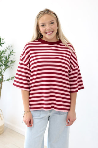 Fall Rush Striped Top in Burgundy