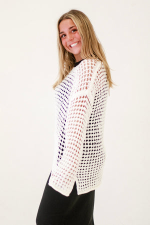 Amayah Oversized Sheer Crochet Pullover in White