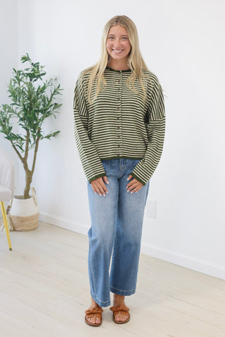 The Hailey Striped Top in Olive/Ecru