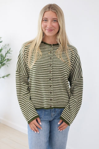 The Hailey Striped Top in Olive/Ecru