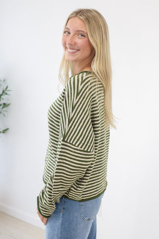 The Hailey Striped Top in Olive/Ecru