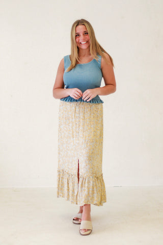 Alora Lettuce Hem Sweater Knit Top in Chambray