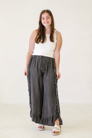 Maeve Washed Ruffle Chambray Pants - Black