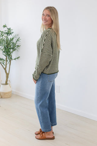 The Hailey Striped Top in Olive/Ecru