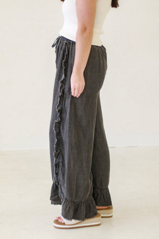 Maeve Washed Ruffle Chambray Pants - Black