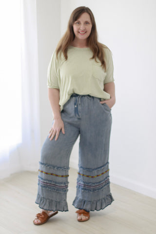 Fancy Free Ruffle Bottom Chambray Pants