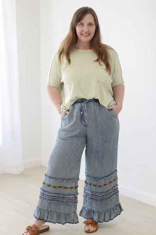 Fancy Free Ruffle Bottom Chambray Pants