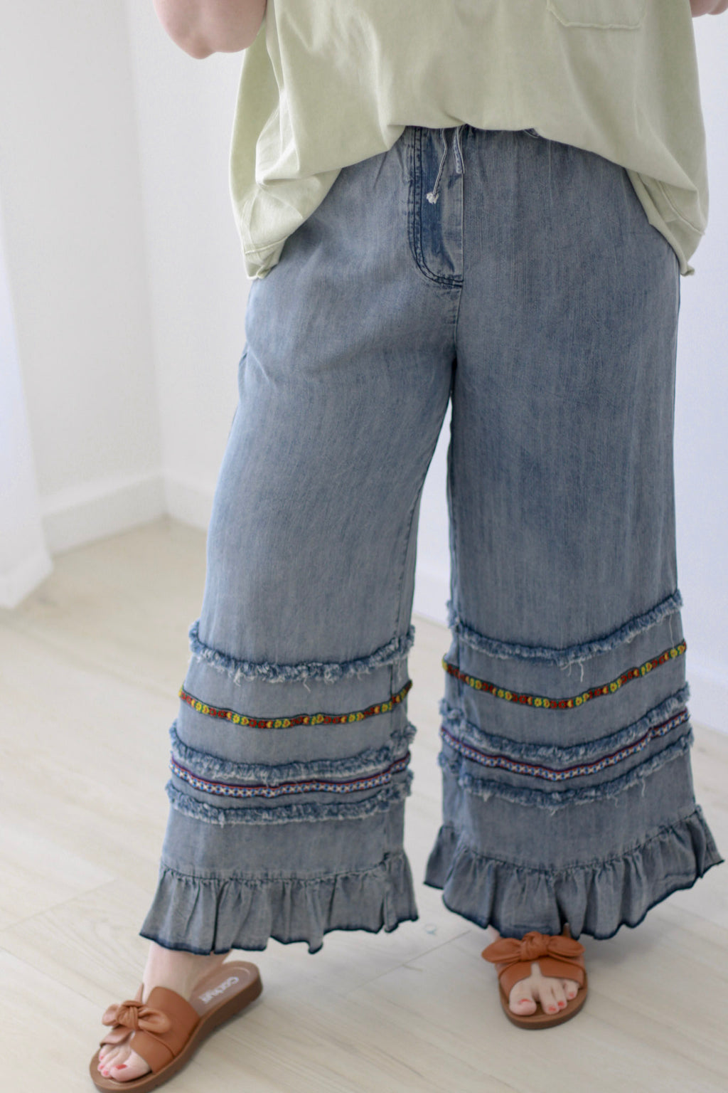 Fancy Free Ruffle Bottom Chambray Pants | EASEL | Allure Clothing Boutique