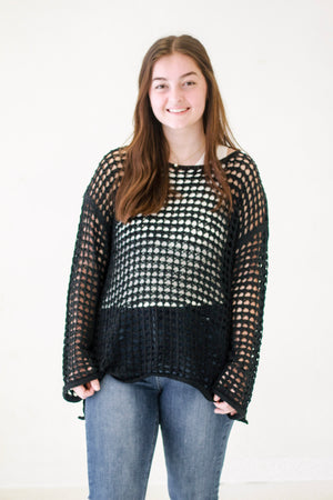 Amayah Oversized Sheer Crochet Pullover in Black