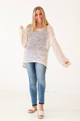 Amayah Oversized Sheer Crochet Pullover in Natural
