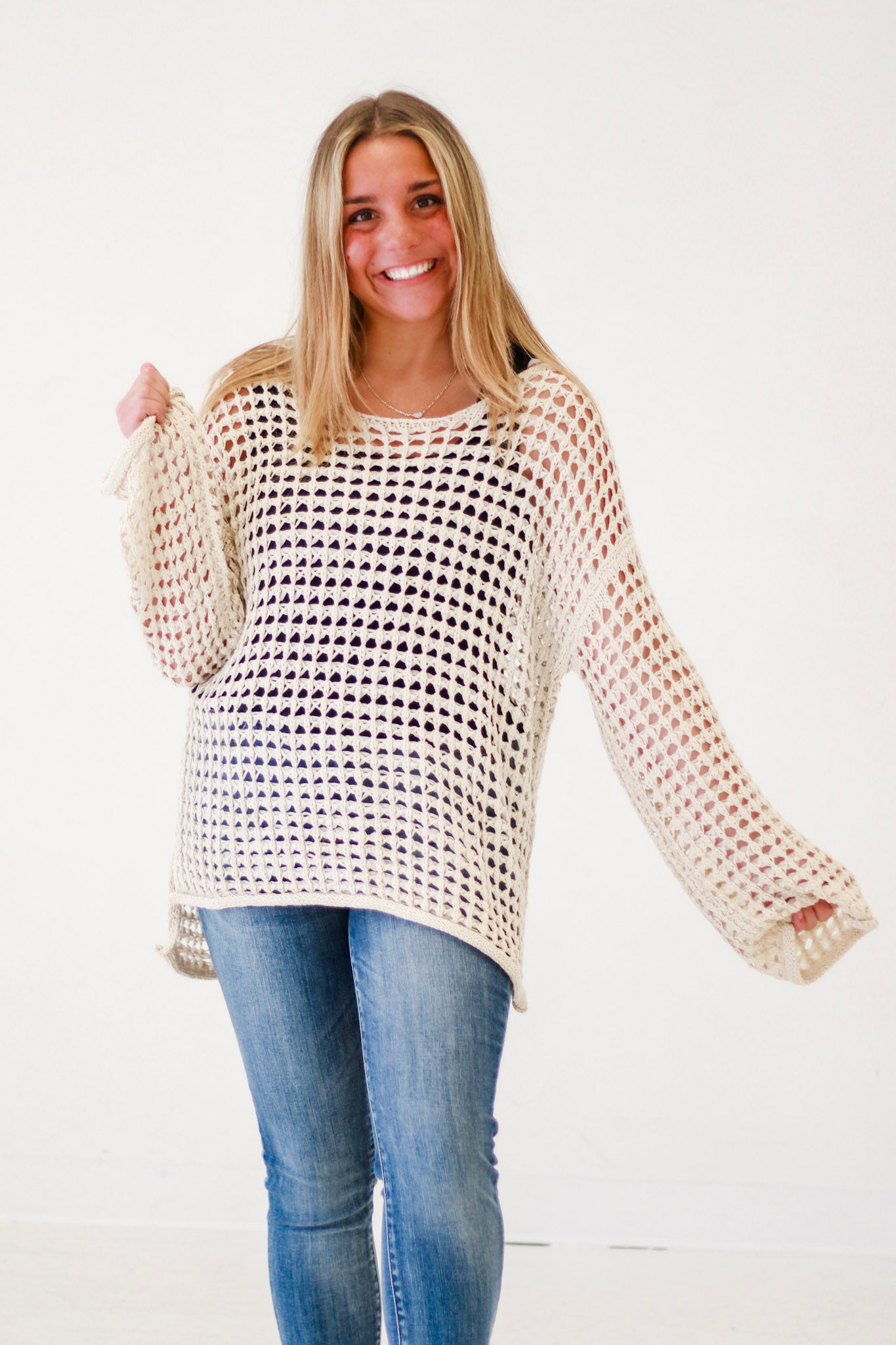 Amayah Oversized Sheer Crochet Pullover in Natural
