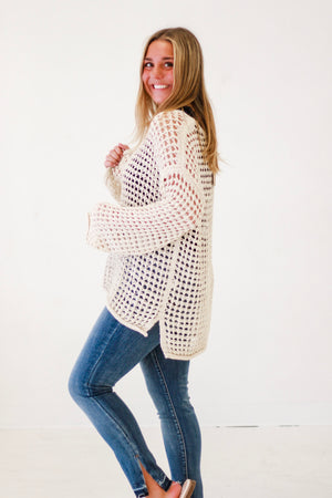 Amayah Oversized Sheer Crochet Pullover in Natural