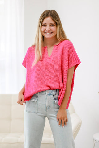 Sunlit Stroll Split-Neck Top in Candy Pink