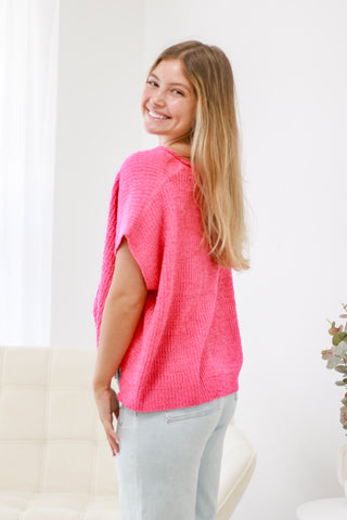 Sunlit Stroll Split-Neck Top in Candy Pink