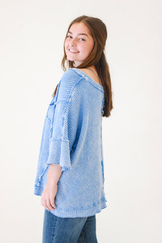 Aurora Mineral Washed Thermal Knit Top in Peri Blue