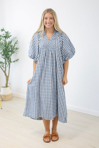 Finally Found You Gingham Dress in Denim Blue