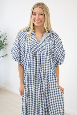 Finally Found You Gingham Dress in Denim Blue