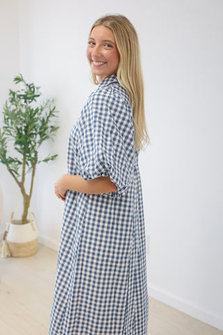 Finally Found You Gingham Dress in Denim Blue