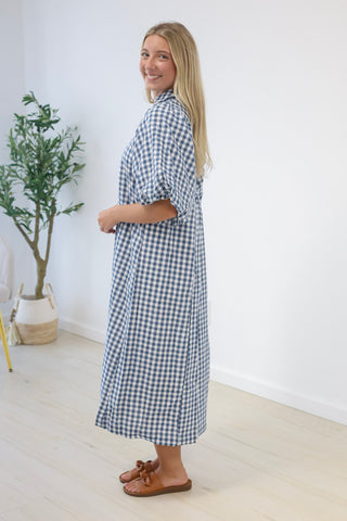 Finally Found You Gingham Dress in Denim Blue