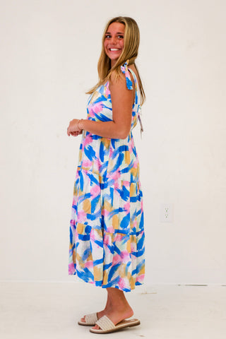 Picnic Perfection Print Tiered Midi Dress in Blue Multi