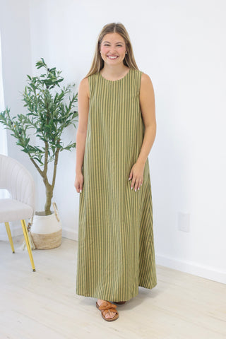 Talk to Me Striped Maxi Dress in Olive