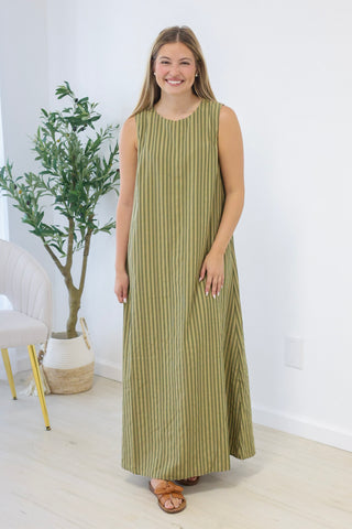 Talk to Me Striped Maxi Dress in Olive