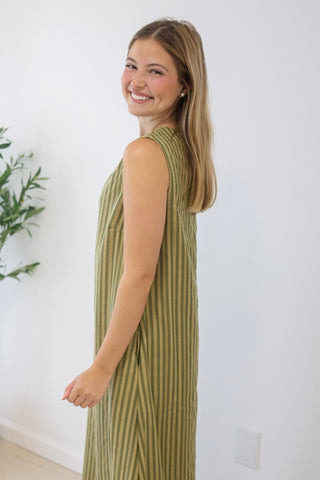 Talk to Me Striped Maxi Dress in Olive