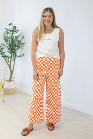 Go Go Game Day Check Print Pants in Orange/White