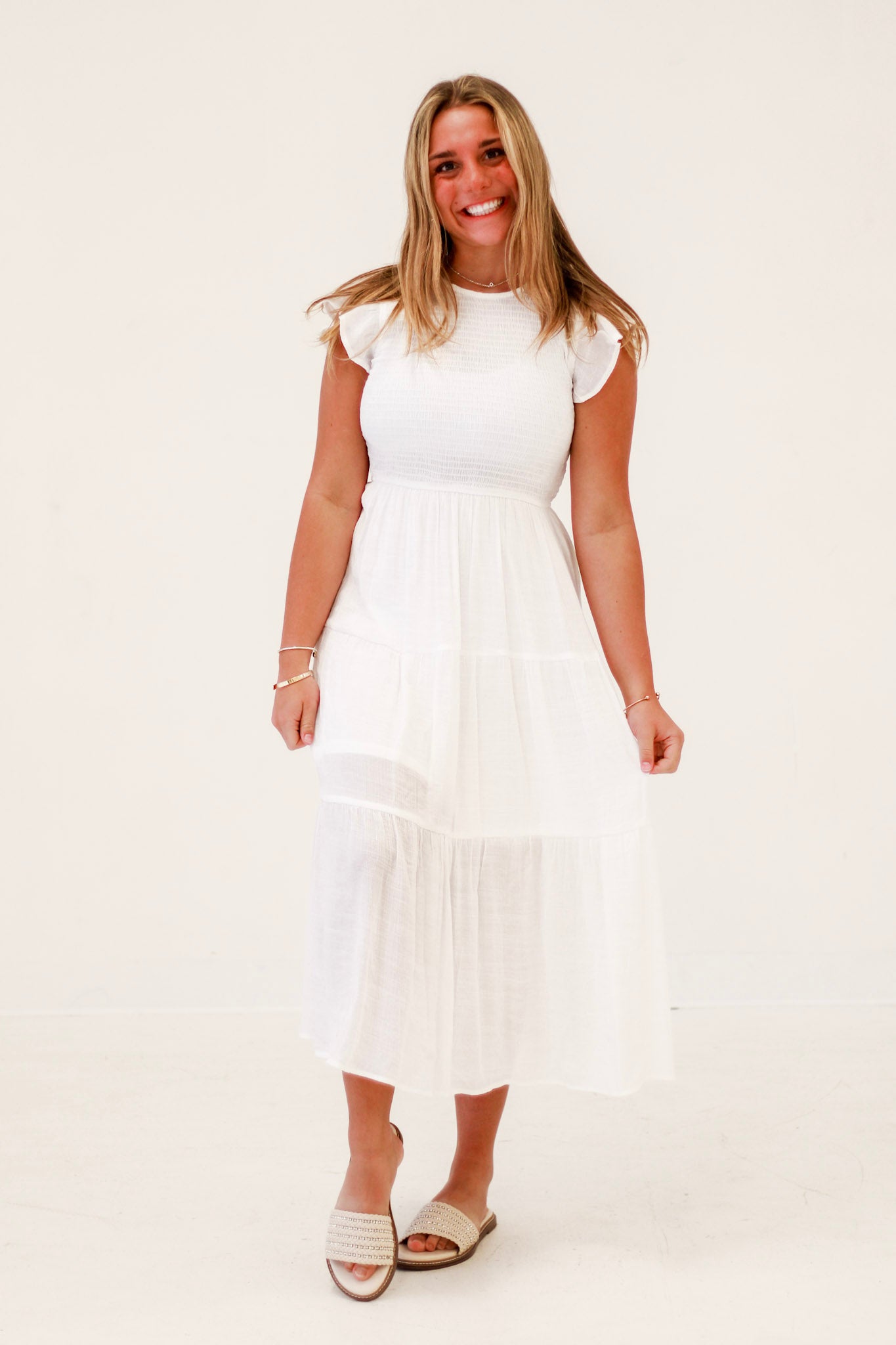 Made With Love Smocked Midi Dress in White