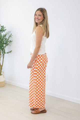 Go Go Game Day Check Print Pants in Orange/White