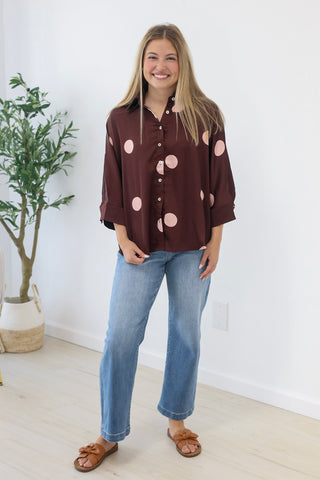 Your Next Favorite Polka Dot Blouse in Burgundy