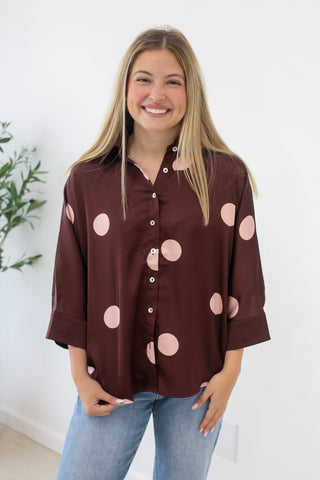 Your Next Favorite Polka Dot Blouse in Burgundy