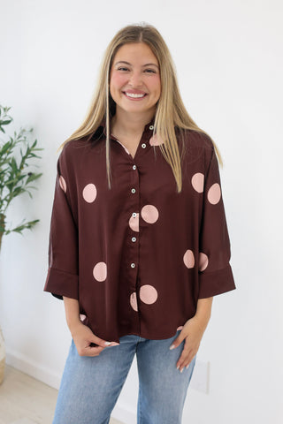 Your Next Favorite Polka Dot Blouse in Burgundy