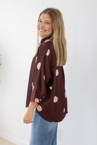 Your Next Favorite Polka Dot Blouse in Burgundy