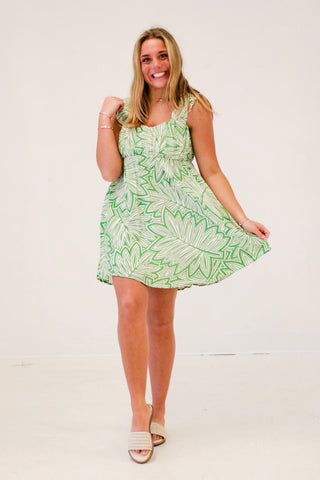 Leafy Romance Ruched Mini Dress in Green