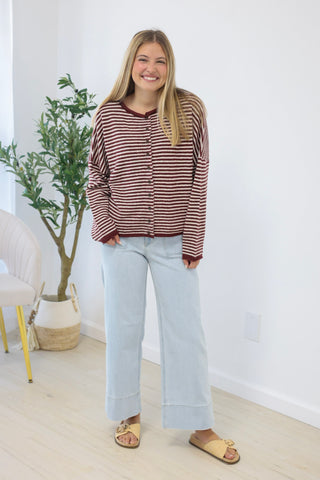 The Hailey Striped Top in Burgundy/White