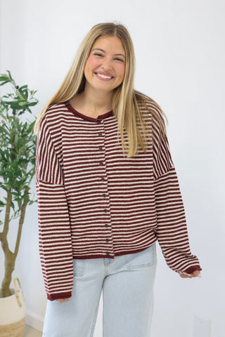 The Hailey Striped Top in Burgundy/White