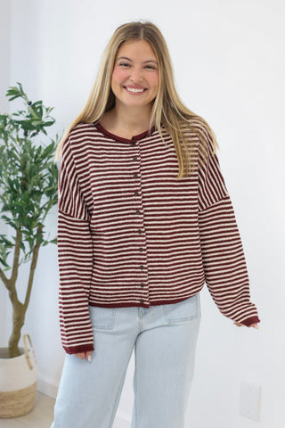 The Hailey Striped Top in Burgundy/White