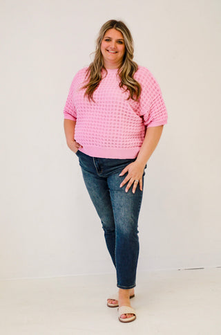 Summer Weave Short-Sleeve Crochet Sweater in Pink