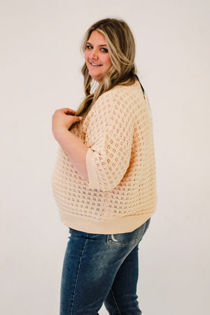 Summer Weave Short-Sleeve Crochet Sweater in Taupe
