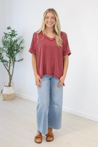 Ready for Everything Ribbed Top in Burgundy