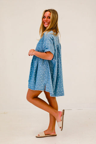 Twinkle Twist Starry Babydoll Mini Dress in Denim