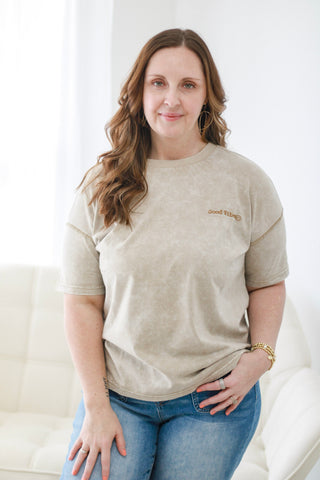 Good Vibes Mineral Wash Tee in Tan