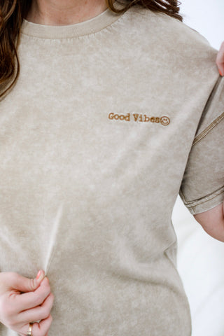 Good Vibes Mineral Wash Tee in Tan