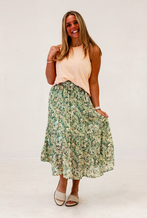 Garden Party Elegance Chiffon Floral Midi Skirt in Mint