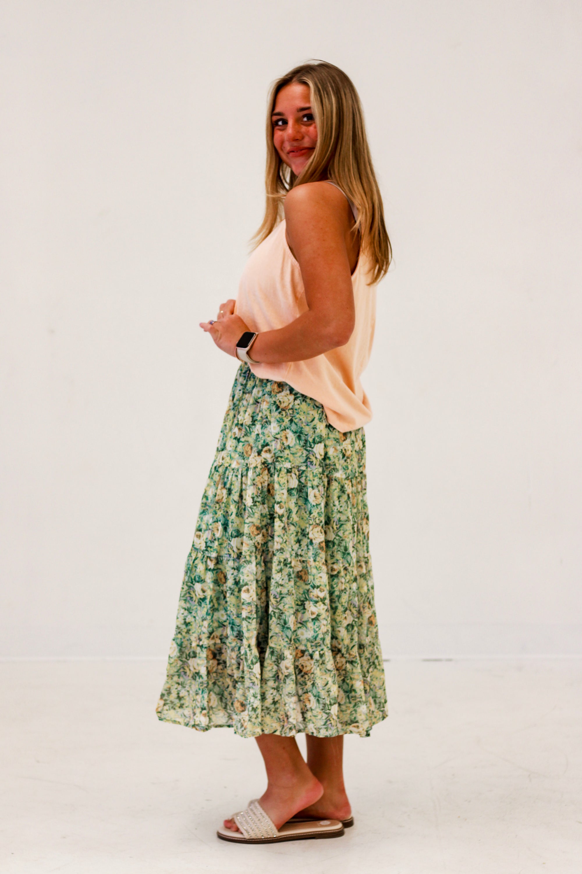 Garden Party Elegance Chiffon Floral Midi Skirt in Mint