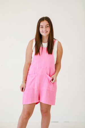 Everyday Ease Double Gauze Overall Romper in Pink